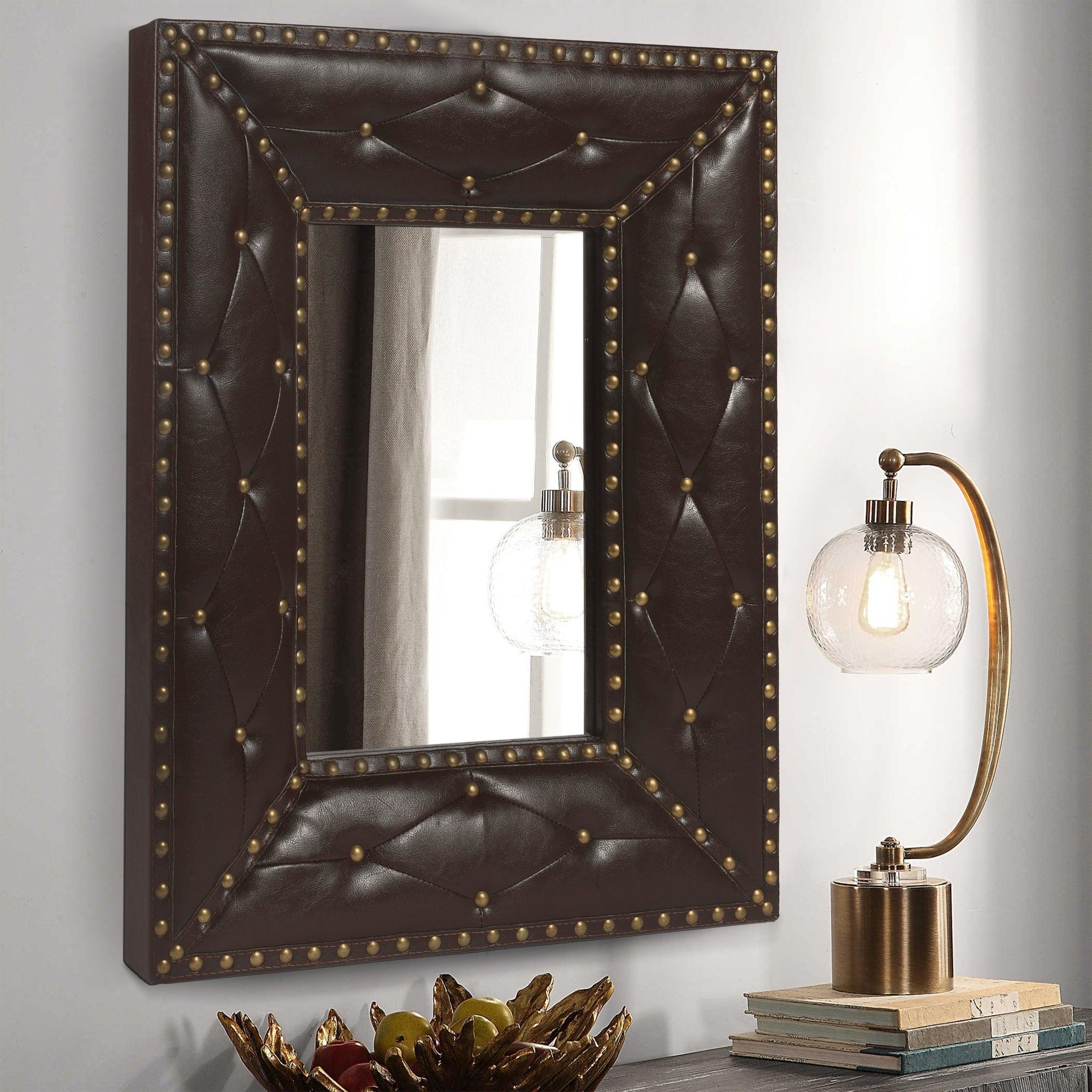 Brown Rectangle Decorative Wall Hanging Mirror, Rivet Decoration, PU Covered MDF Framed Mirror For Bedroom Living Room Vanity Entryway Wall Decor, 21X26Inch LamCham