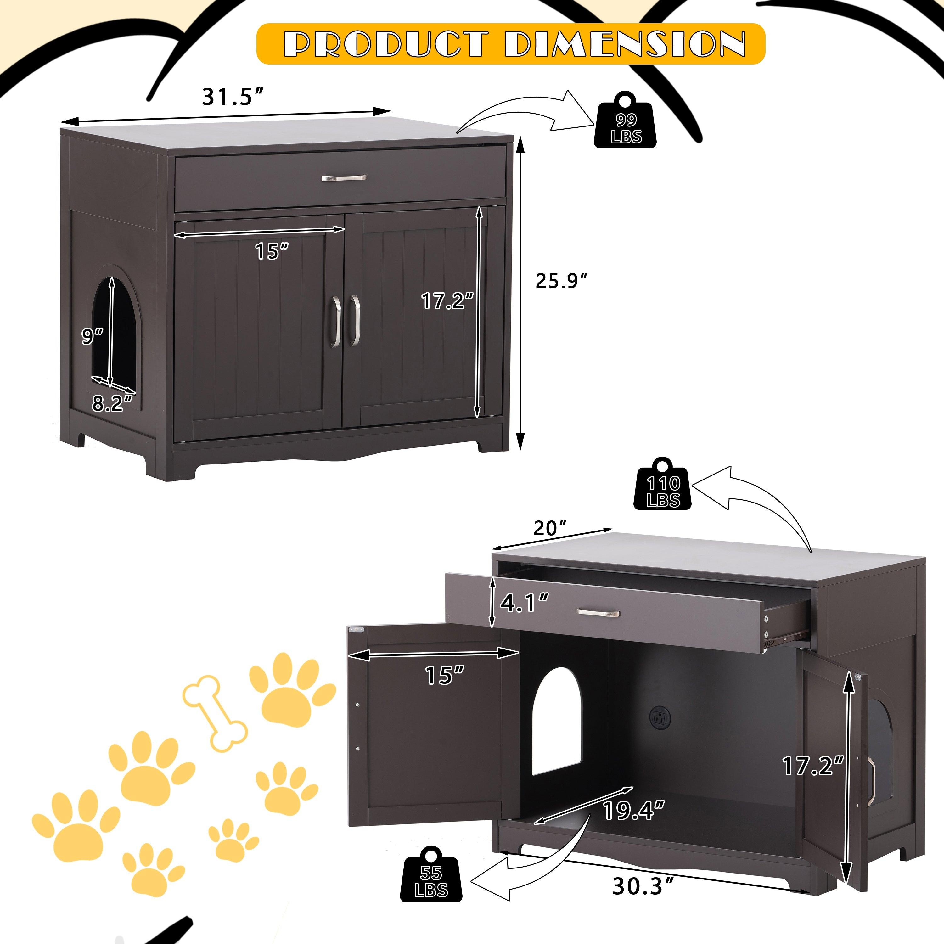 Cat Litter Box Enclosure With Hidden Plug, 2 Doors, Essprosso LamCham