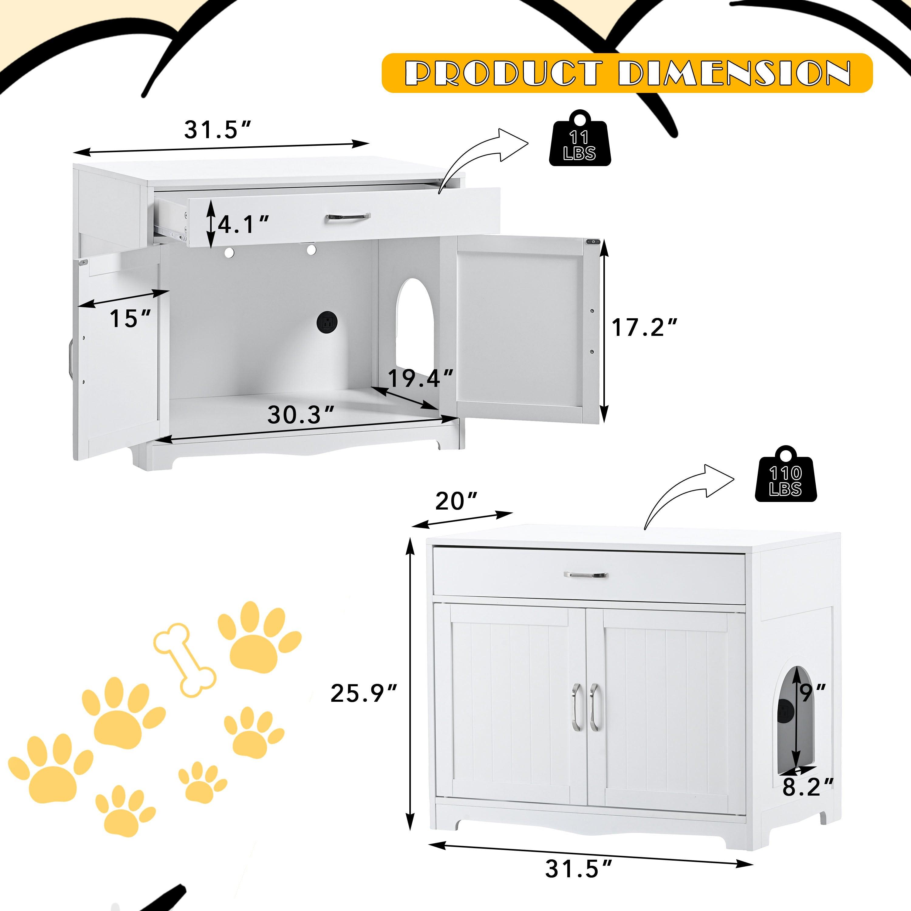 Cat Litter Box Enclosure With Hidden Plug, 2 Doors, White LamCham