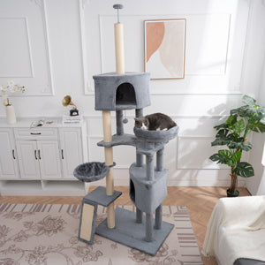 Cat Tree, 105-Inch Cat Tower for Indoor Cats, Plush Multi-Level Cat Condo with 3 Perches, 2 Caves, Cozy Basket and Scratching Board, Gray LamCham