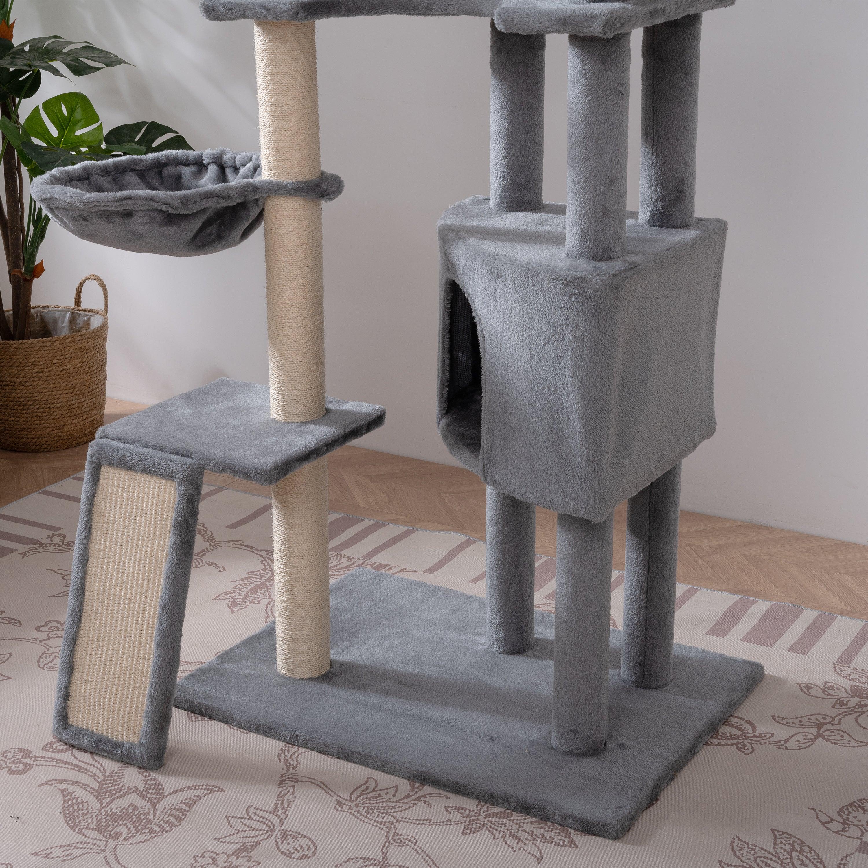 Cat Tree, 105-Inch Cat Tower for Indoor Cats, Plush Multi-Level Cat Condo with 3 Perches, 2 Caves, Cozy Basket and Scratching Board, Gray LamCham