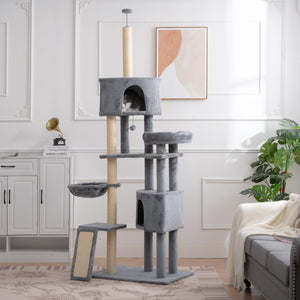 Cat Tree, 105-Inch Cat Tower for Indoor Cats, Plush Multi-Level Cat Condo with 3 Perches, 2 Caves, Cozy Basket and Scratching Board, Gray LamCham