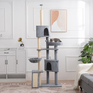 Cat Tree, 105-Inch Cat Tower for Indoor Cats, Plush Multi-Level Cat Condo with 3 Perches, 2 Caves, Cozy Basket and Scratching Board, Gray LamCham