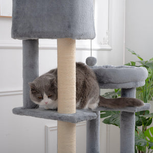 Cat Tree, 105-Inch Cat Tower for Indoor Cats, Plush Multi-Level Cat Condo with 3 Perches, 2 Caves, Cozy Basket and Scratching Board, Gray LamCham