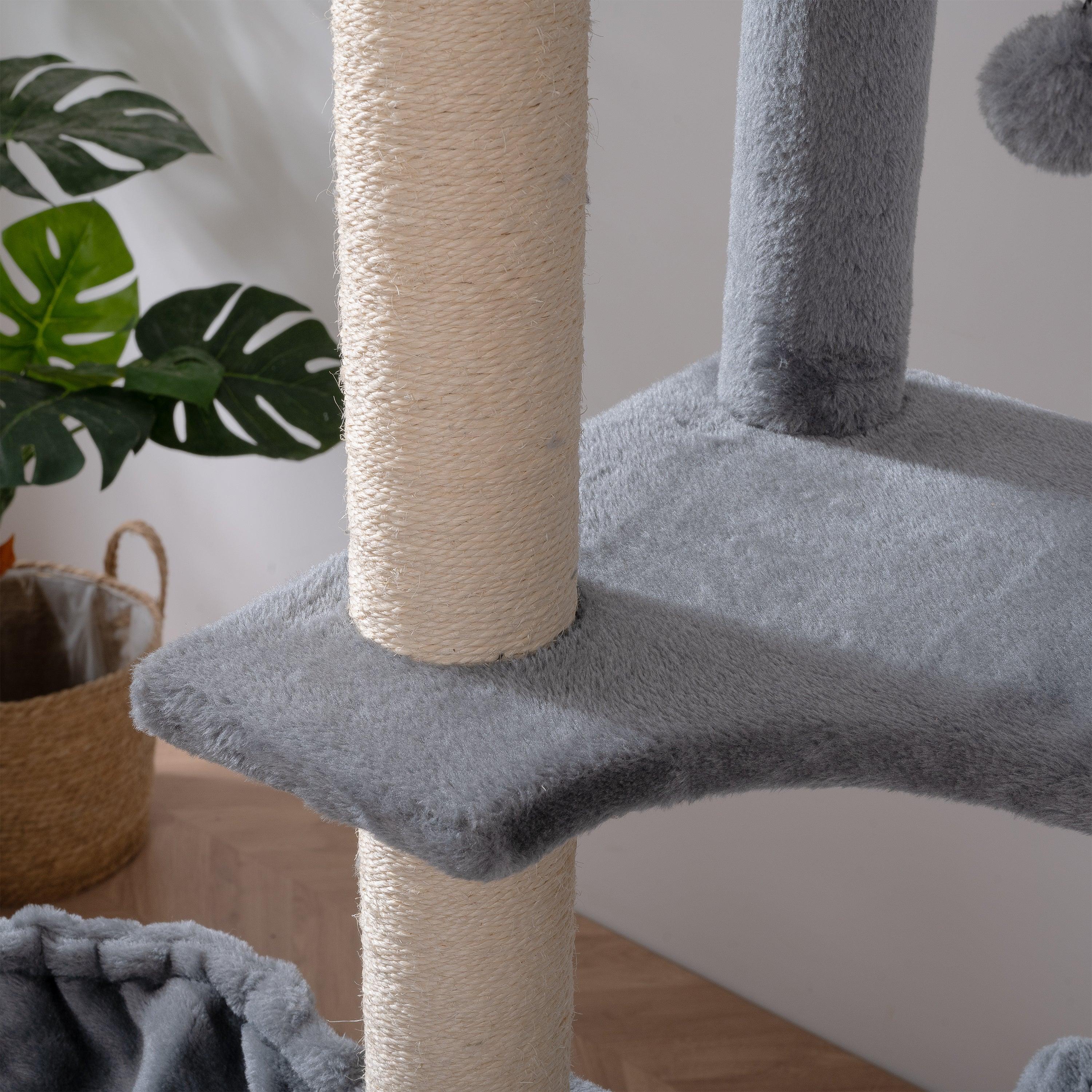 Cat Tree, 105-Inch Cat Tower for Indoor Cats, Plush Multi-Level Cat Condo with 3 Perches, 2 Caves, Cozy Basket and Scratching Board, Gray LamCham