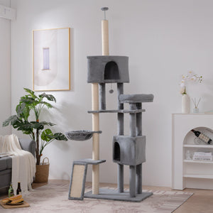 Cat Tree, 105-Inch Cat Tower for Indoor Cats, Plush Multi-Level Cat Condo with 3 Perches, 2 Caves, Cozy Basket and Scratching Board, Gray LamCham