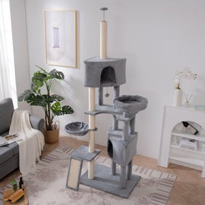 Cat Tree, 105-Inch Cat Tower for Indoor Cats, Plush Multi-Level Cat Condo with 3 Perches, 2 Caves, Cozy Basket and Scratching Board, Gray LamCham