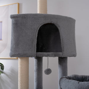 Cat Tree, 105-Inch Cat Tower for Indoor Cats, Plush Multi-Level Cat Condo with 3 Perches, 2 Caves, Cozy Basket and Scratching Board, Gray LamCham