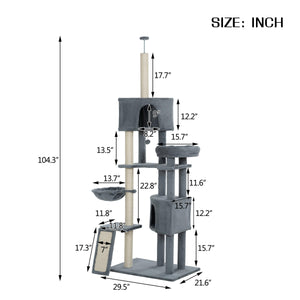 Cat Tree, 105-Inch Cat Tower for Indoor Cats, Plush Multi-Level Cat Condo with 3 Perches, 2 Caves, Cozy Basket and Scratching Board, Gray LamCham