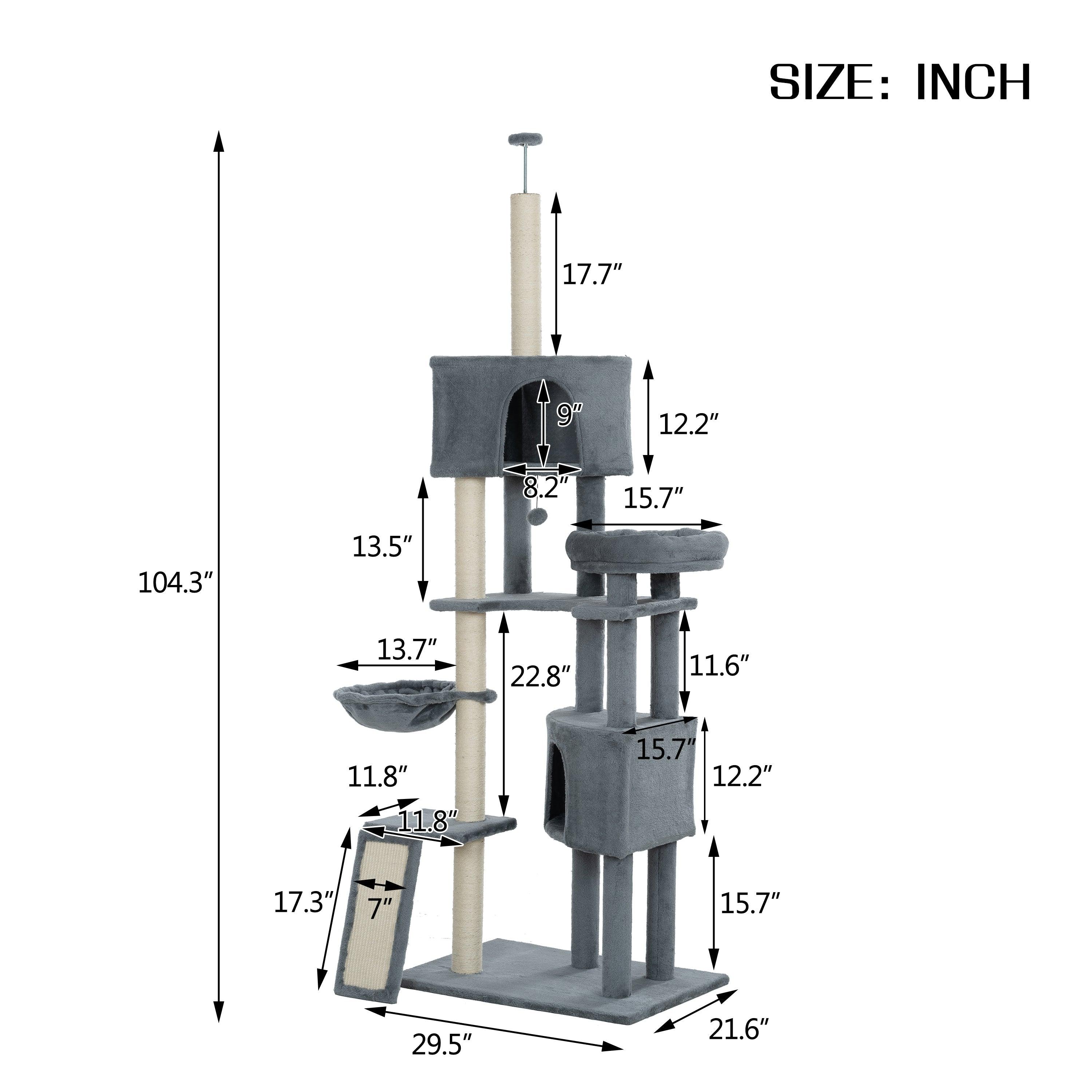 Cat Tree, 105-Inch Cat Tower for Indoor Cats, Plush Multi-Level Cat Condo with 3 Perches, 2 Caves, Cozy Basket and Scratching Board, Gray LamCham