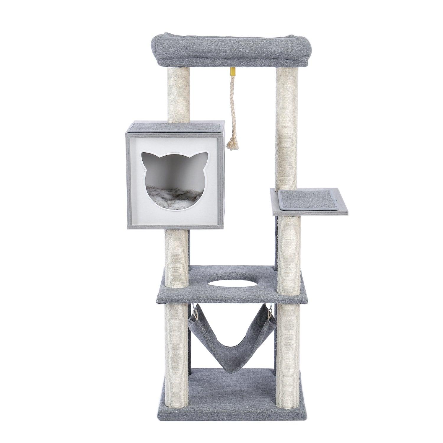 Cat Tree 52 Inches Multi-Level Modern Wooden Cat Tower with Hammock and Scratching Posts and Cat Condo for Adult Cats Gray LamCham