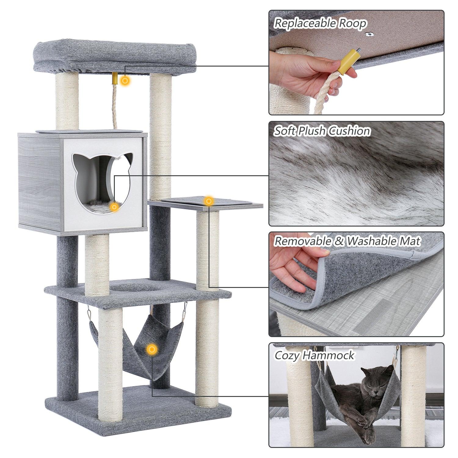 Cat Tree 52 Inches Multi-Level Modern Wooden Cat Tower with Hammock and Scratching Posts and Cat Condo for Adult Cats Gray LamCham