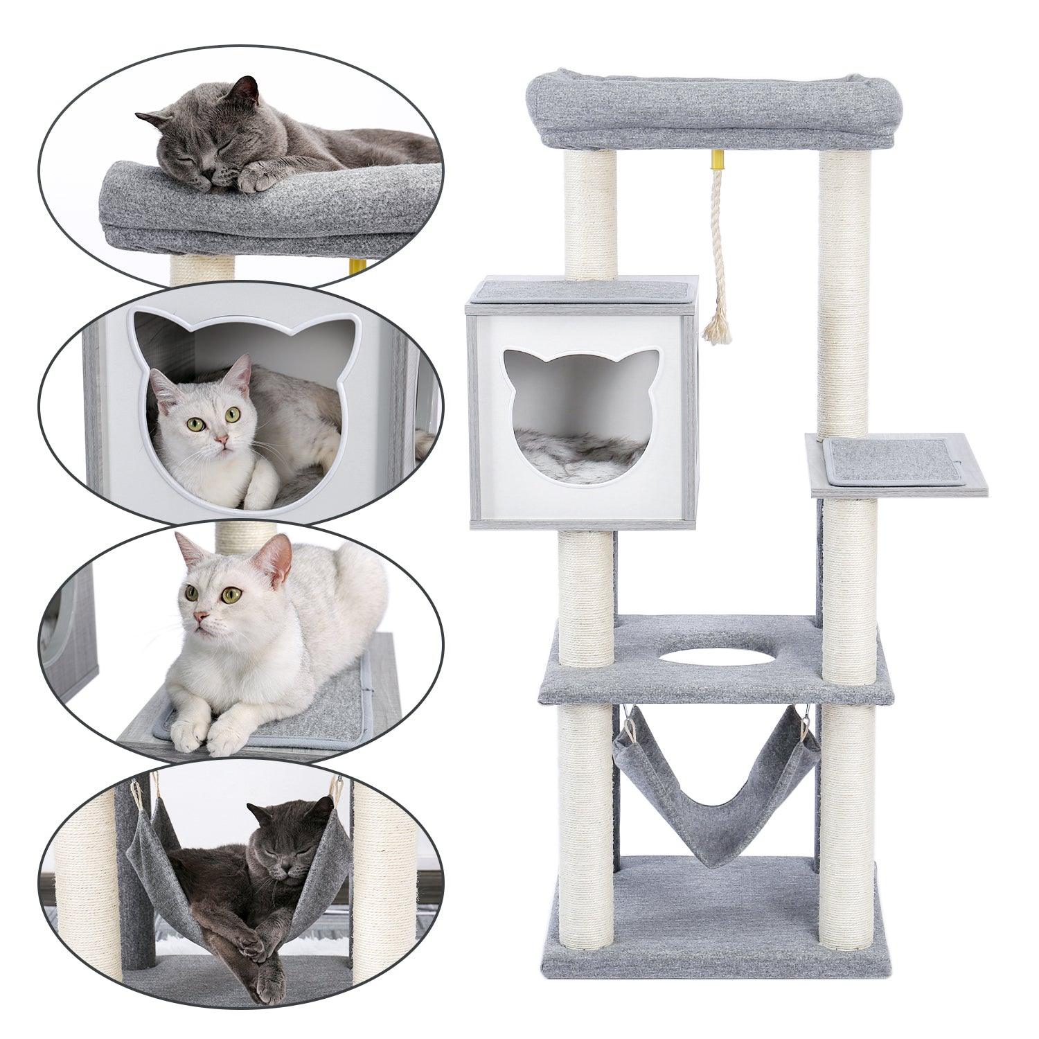 Cat Tree 52 Inches Multi-Level Modern Wooden Cat Tower with Hammock and Scratching Posts and Cat Condo for Adult Cats Gray LamCham