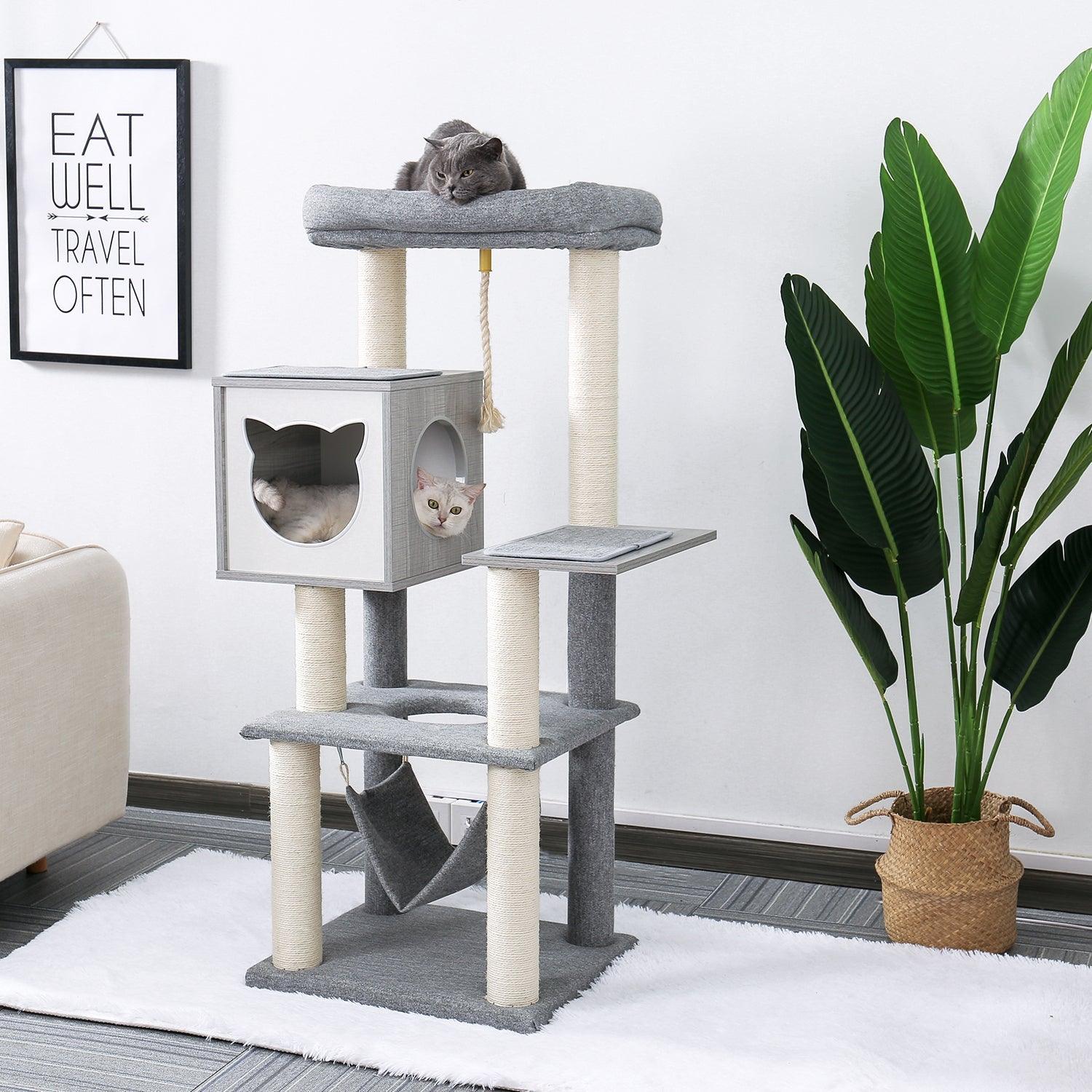 Cat Tree 52 Inches Multi-Level Modern Wooden Cat Tower with Hammock and Scratching Posts and Cat Condo for Adult Cats Gray LamCham