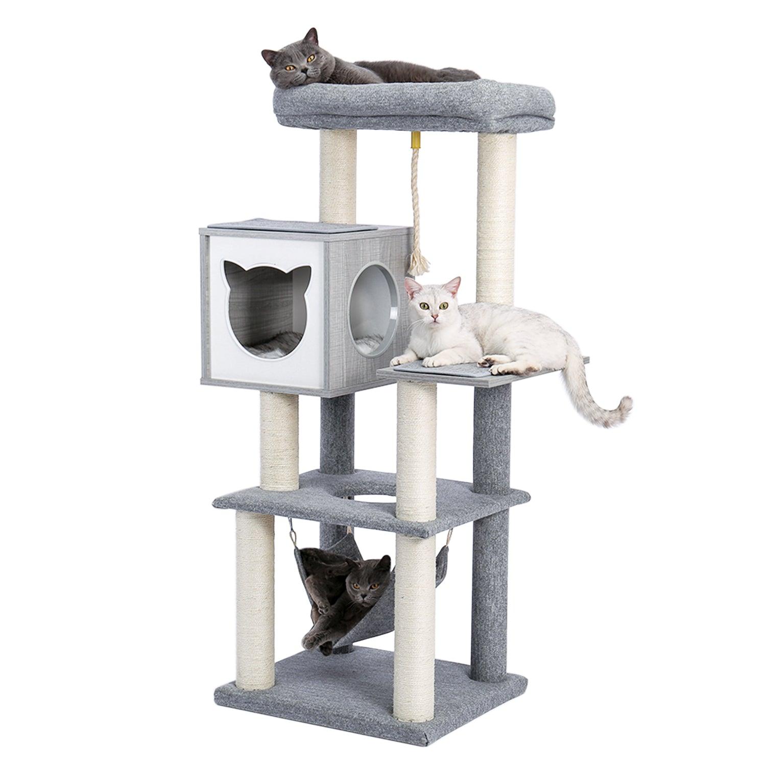 Cat Tree 52 Inches Multi-Level Modern Wooden Cat Tower with Hammock and Scratching Posts and Cat Condo for Adult Cats Gray LamCham