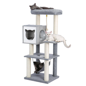 Cat Tree 52 Inches Multi-Level Modern Wooden Cat Tower with Hammock and Scratching Posts and Cat Condo for Adult Cats Gray LamCham