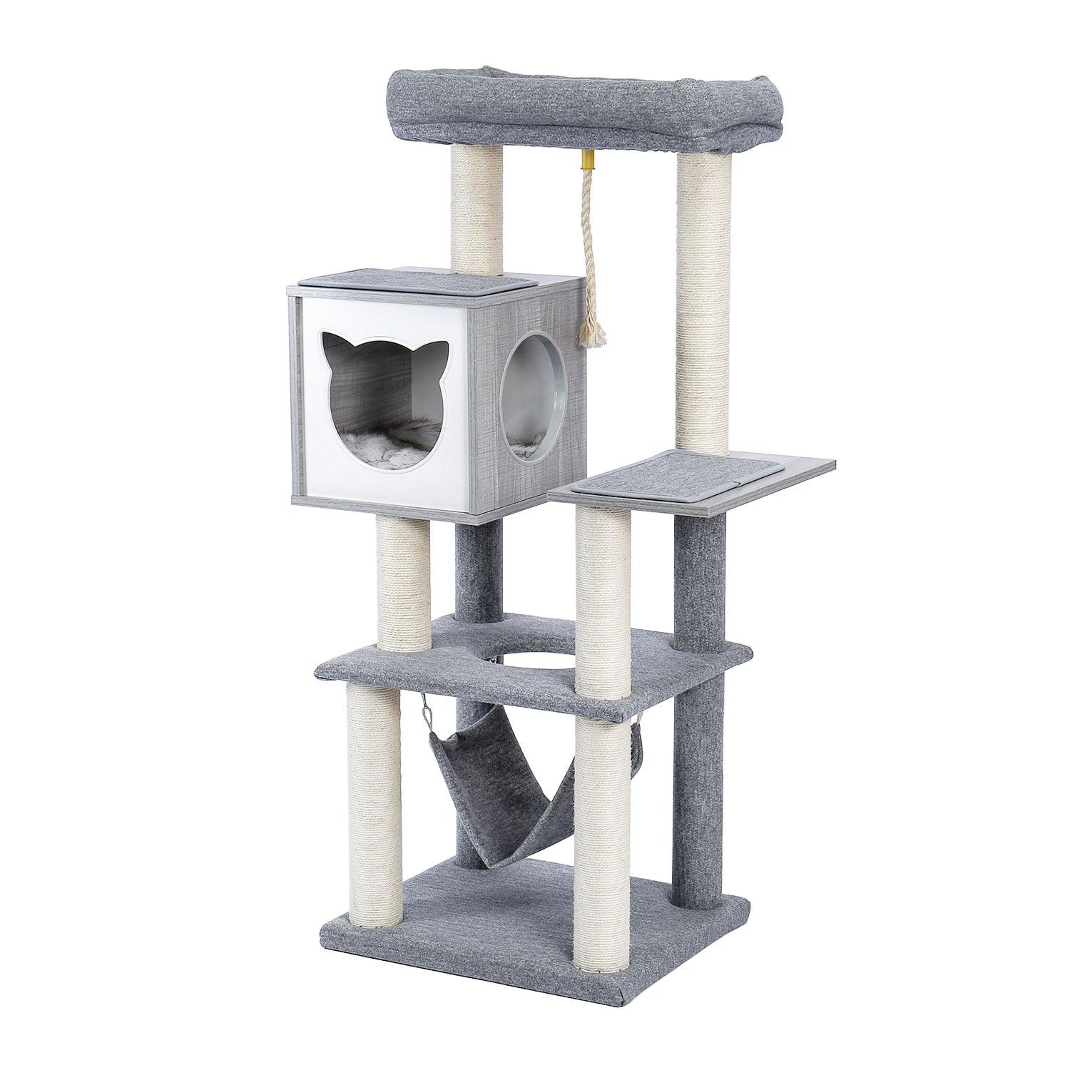 Cat Tree 52 Inches Multi-Level Modern Wooden Cat Tower with Hammock and Scratching Posts and Cat Condo for Adult Cats Gray LamCham