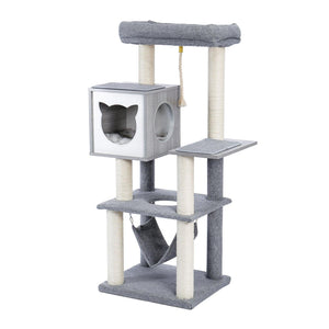 Cat Tree 52 Inches Multi-Level Modern Wooden Cat Tower with Hammock and Scratching Posts and Cat Condo for Adult Cats Gray LamCham