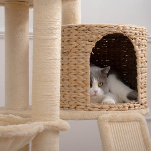 Cat Tree, 59-Inch Cat Tower for Indoor Cats, Plush Multi-Level Cat Condo with 2 Perches, 2 Caves, Cozy Basket and Scratching Board, Beige LamCham