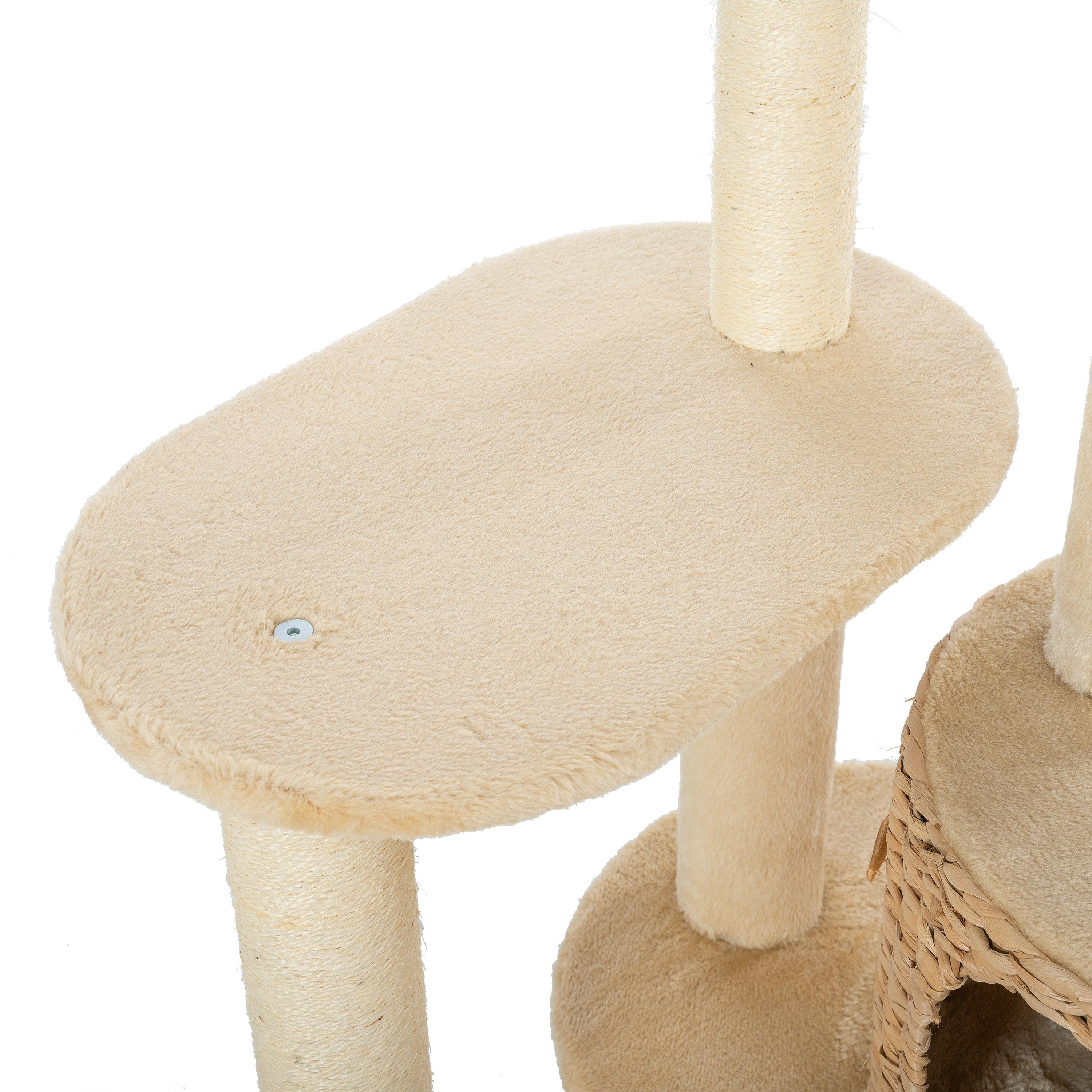 Cat Tree, 59-Inch Cat Tower for Indoor Cats, Plush Multi-Level Cat Condo with 2 Perches, 2 Caves, Cozy Basket and Scratching Board, Beige LamCham