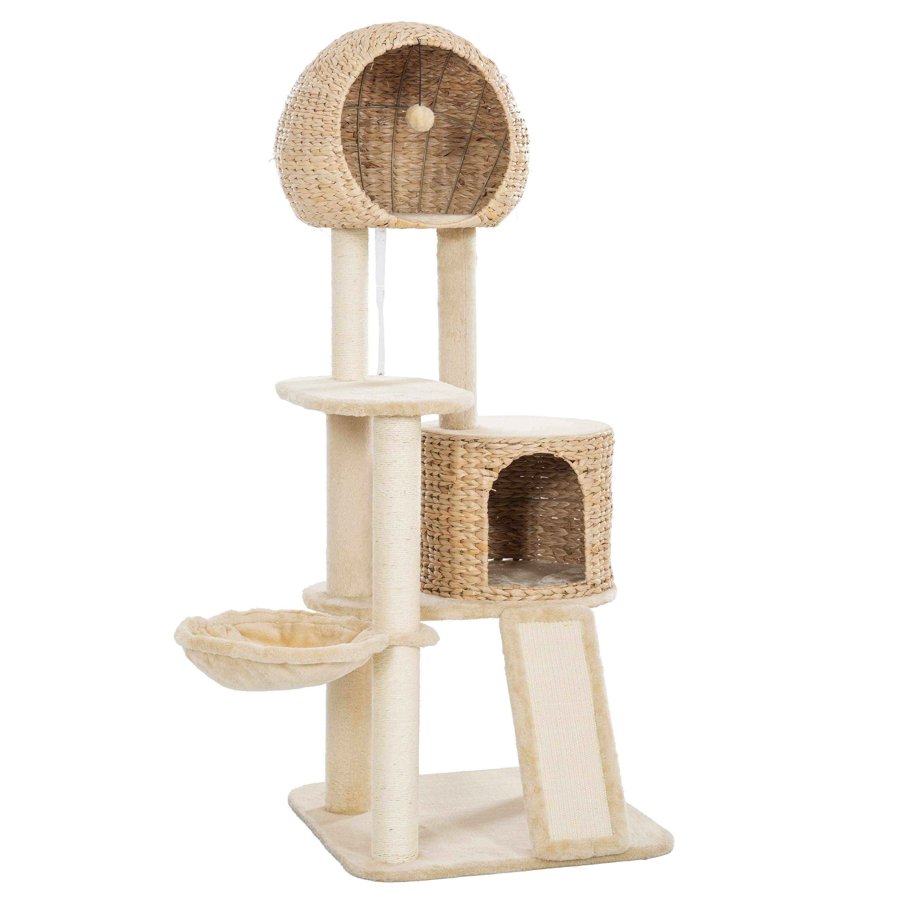 Cat Tree, 59-Inch Cat Tower for Indoor Cats, Plush Multi-Level Cat Condo with 2 Perches, 2 Caves, Cozy Basket and Scratching Board, Beige LamCham