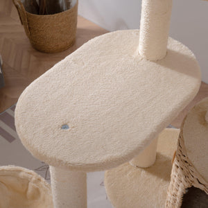 Cat Tree, 59-Inch Cat Tower for Indoor Cats, Plush Multi-Level Cat Condo with 2 Perches, 2 Caves, Cozy Basket and Scratching Board, Beige LamCham