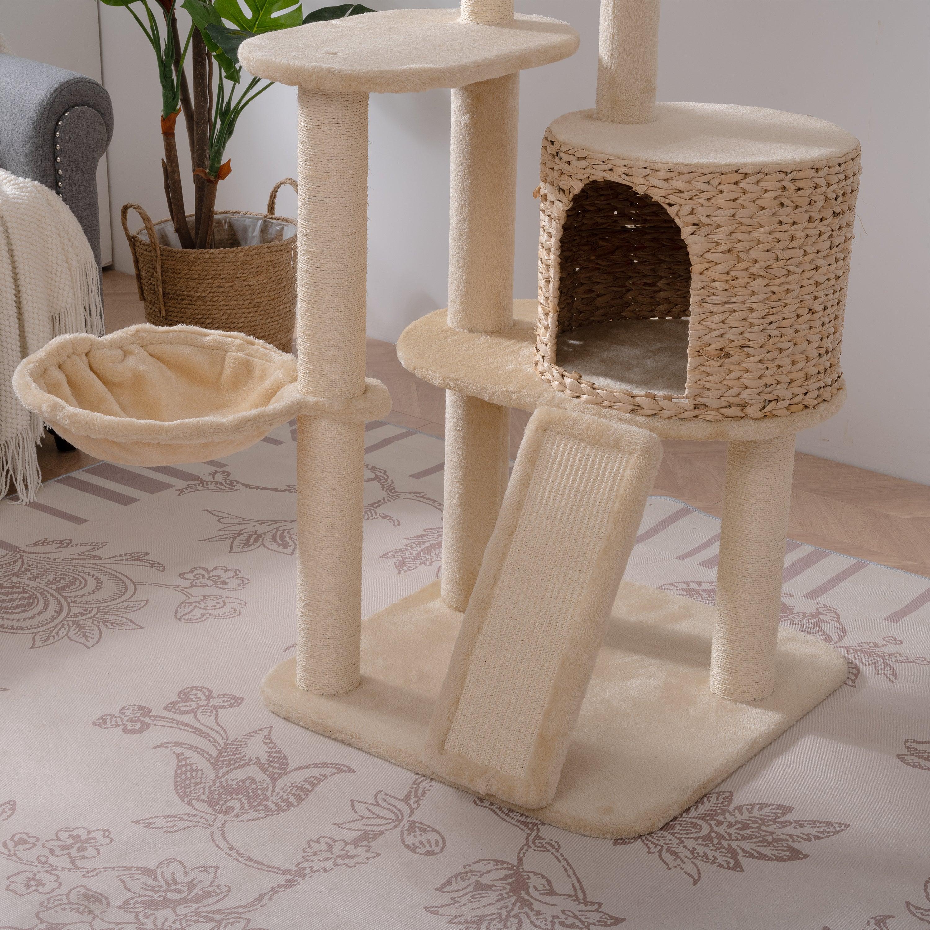 Cat Tree, 59-Inch Cat Tower for Indoor Cats, Plush Multi-Level Cat Condo with 2 Perches, 2 Caves, Cozy Basket and Scratching Board, Beige LamCham