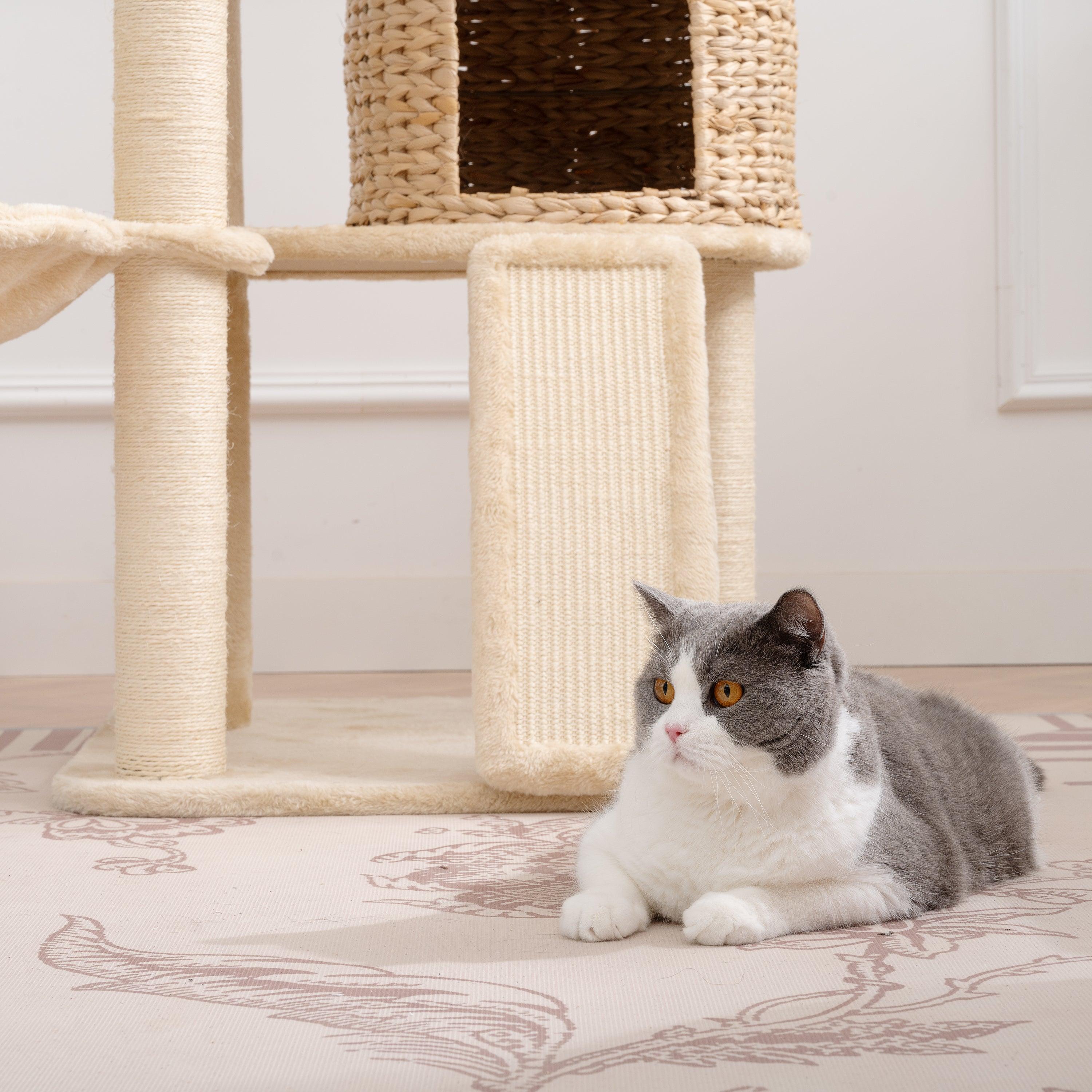 Cat Tree, 59-Inch Cat Tower for Indoor Cats, Plush Multi-Level Cat Condo with 2 Perches, 2 Caves, Cozy Basket and Scratching Board, Beige LamCham