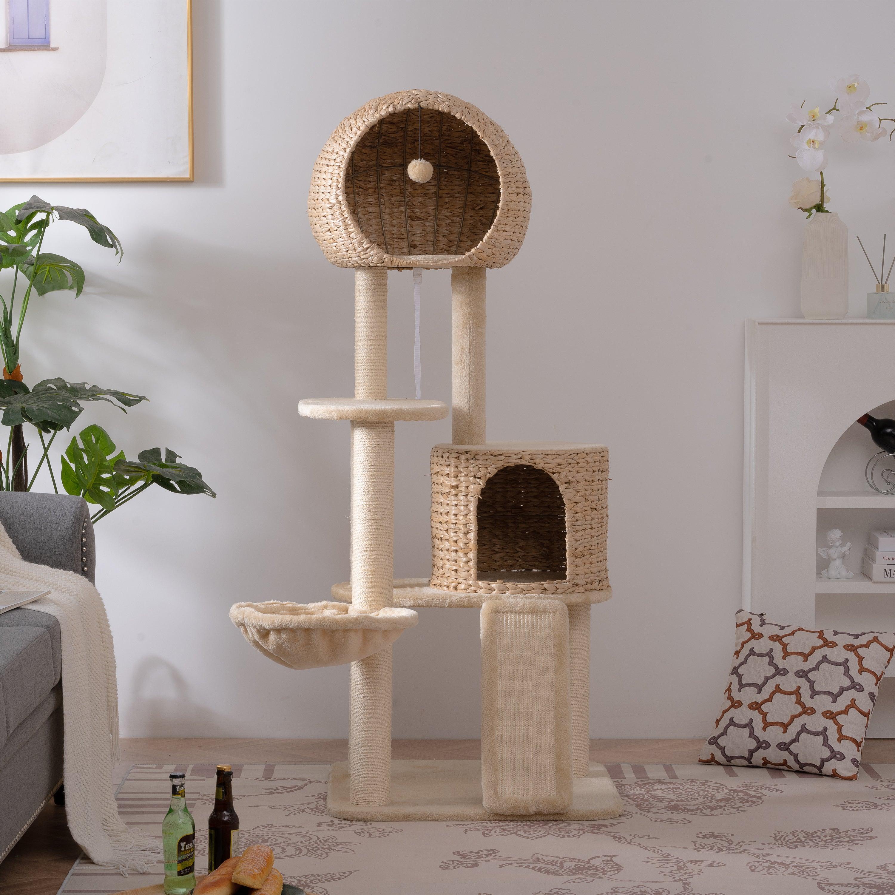 Cat Tree, 59-Inch Cat Tower for Indoor Cats, Plush Multi-Level Cat Condo with 2 Perches, 2 Caves, Cozy Basket and Scratching Board, Beige LamCham