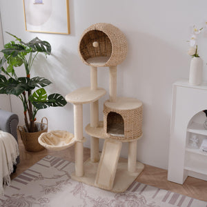 Cat Tree, 59-Inch Cat Tower for Indoor Cats, Plush Multi-Level Cat Condo with 2 Perches, 2 Caves, Cozy Basket and Scratching Board, Beige LamCham