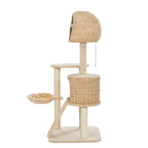 Cat Tree, 59-Inch Cat Tower for Indoor Cats, Plush Multi-Level Cat Condo with 2 Perches, 2 Caves, Cozy Basket and Scratching Board, Beige LamCham