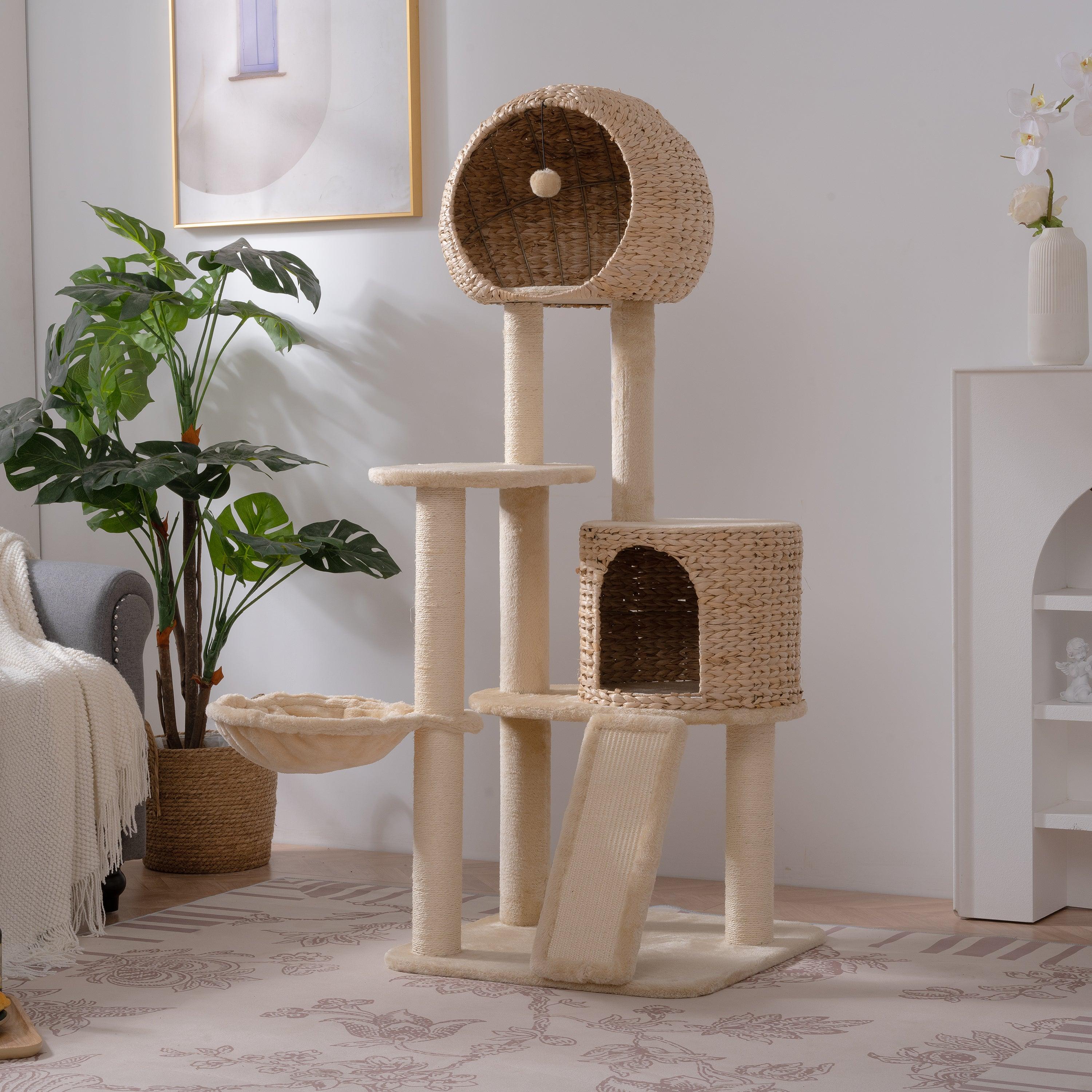 Cat Tree, 59-Inch Cat Tower for Indoor Cats, Plush Multi-Level Cat Condo with 2 Perches, 2 Caves, Cozy Basket and Scratching Board, Beige LamCham