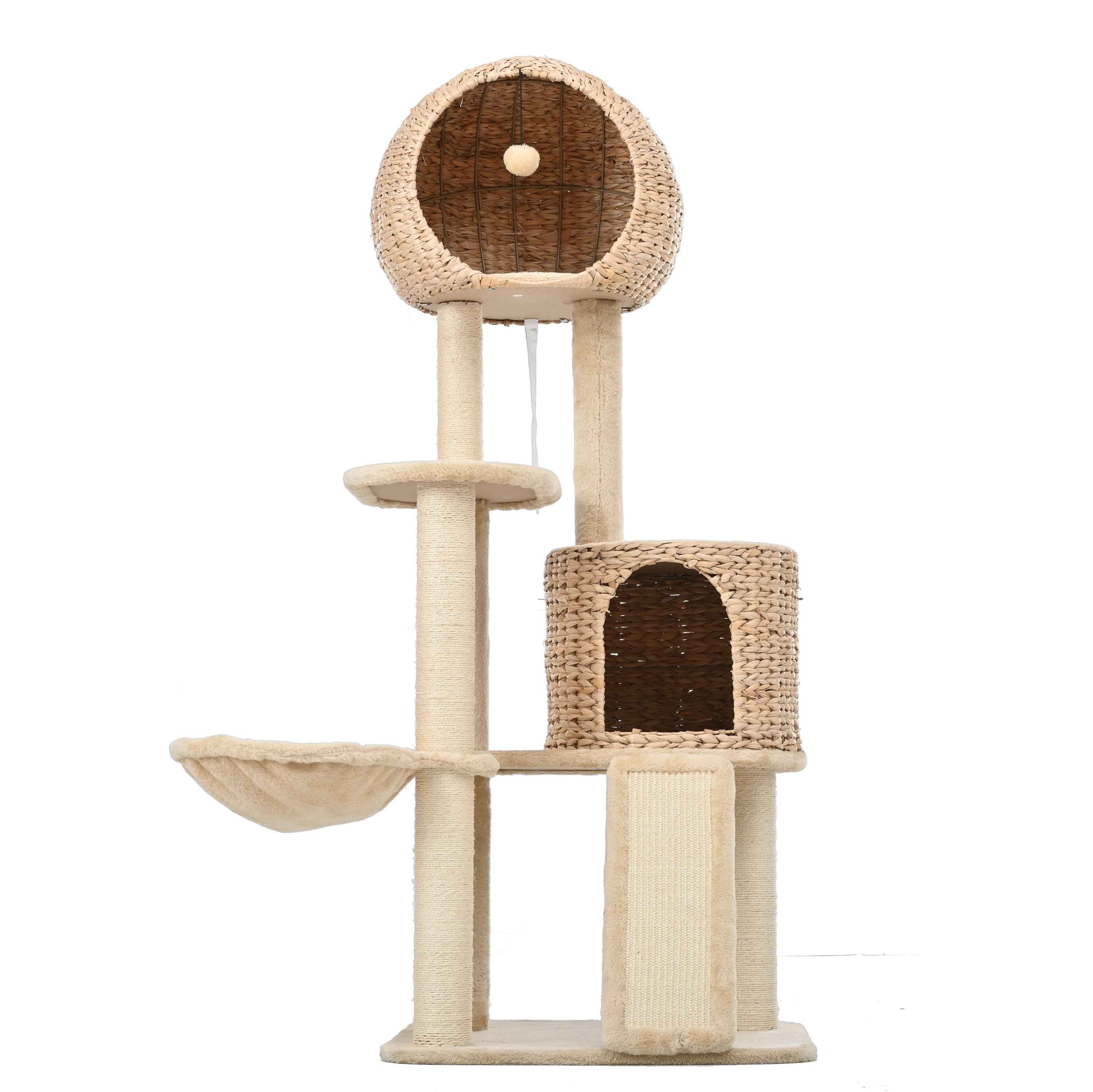 Cat Tree, 59-Inch Cat Tower for Indoor Cats, Plush Multi-Level Cat Condo with 2 Perches, 2 Caves, Cozy Basket and Scratching Board, Beige LamCham