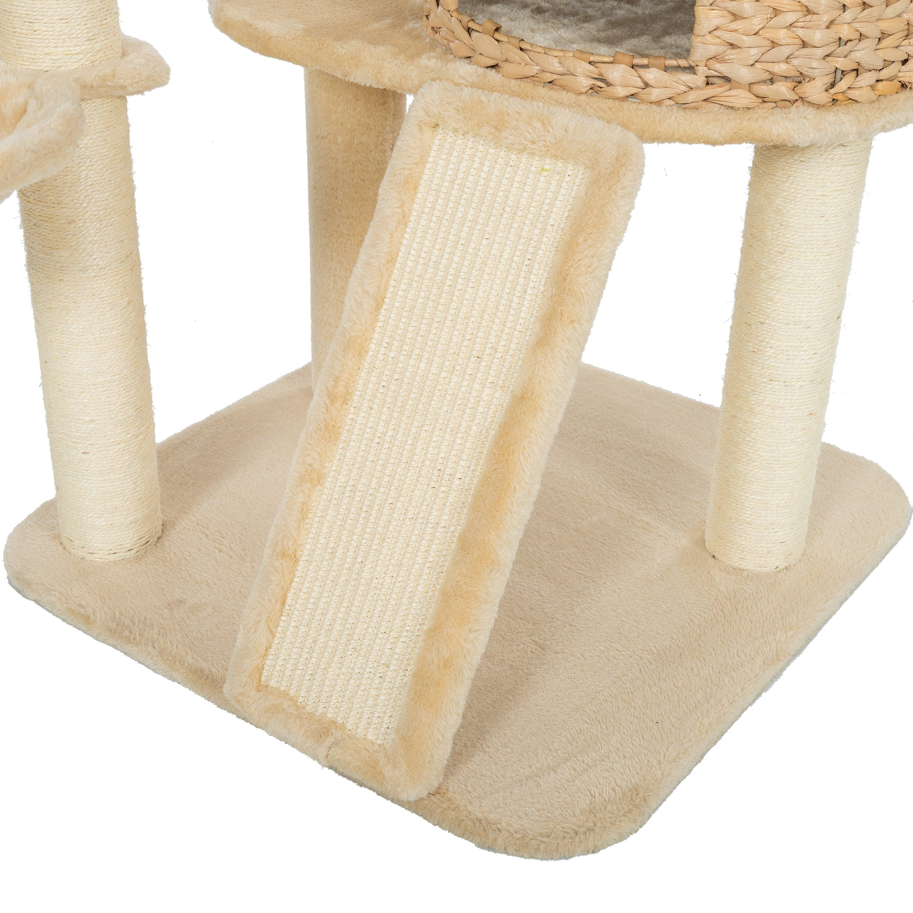 Cat Tree, 59-Inch Cat Tower for Indoor Cats, Plush Multi-Level Cat Condo with 2 Perches, 2 Caves, Cozy Basket and Scratching Board, Beige LamCham