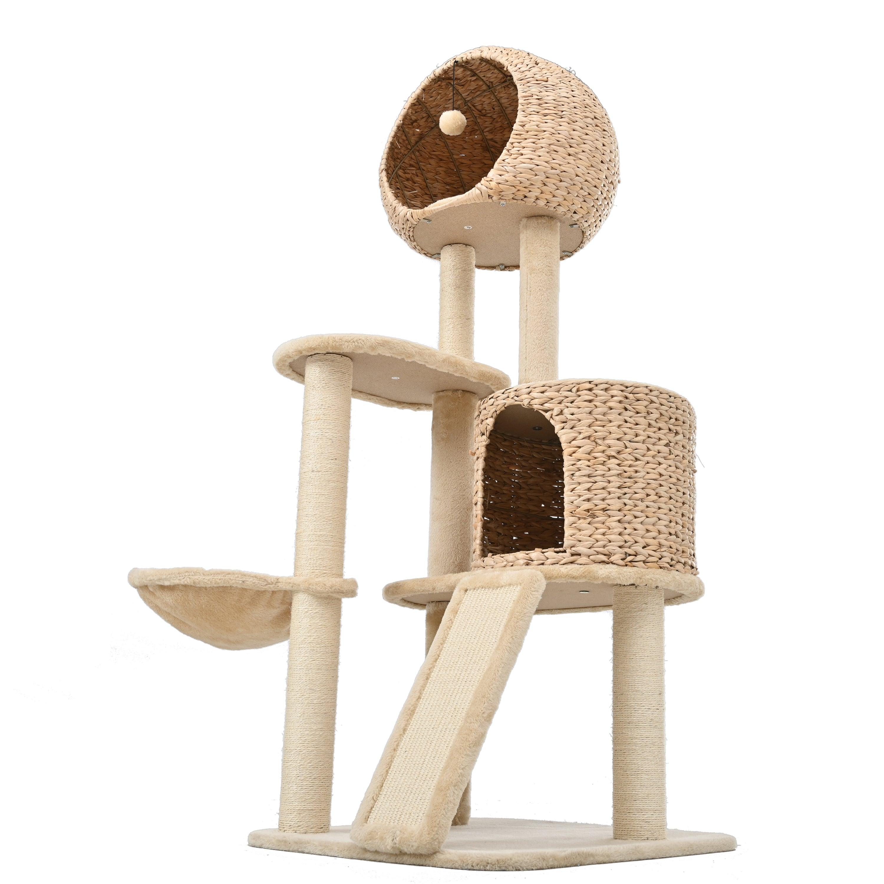 Cat Tree, 59-Inch Cat Tower for Indoor Cats, Plush Multi-Level Cat Condo with 2 Perches, 2 Caves, Cozy Basket and Scratching Board, Beige LamCham