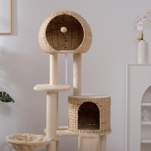 Cat Tree, 59-Inch Cat Tower for Indoor Cats, Plush Multi-Level Cat Condo with 2 Perches, 2 Caves, Cozy Basket and Scratching Board, Beige LamCham