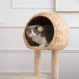 Cat Tree, 59-Inch Cat Tower for Indoor Cats, Plush Multi-Level Cat Condo with 2 Perches, 2 Caves, Cozy Basket and Scratching Board, Beige LamCham