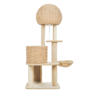 Cat Tree, 59-Inch Cat Tower for Indoor Cats, Plush Multi-Level Cat Condo with 2 Perches, 2 Caves, Cozy Basket and Scratching Board, Beige LamCham