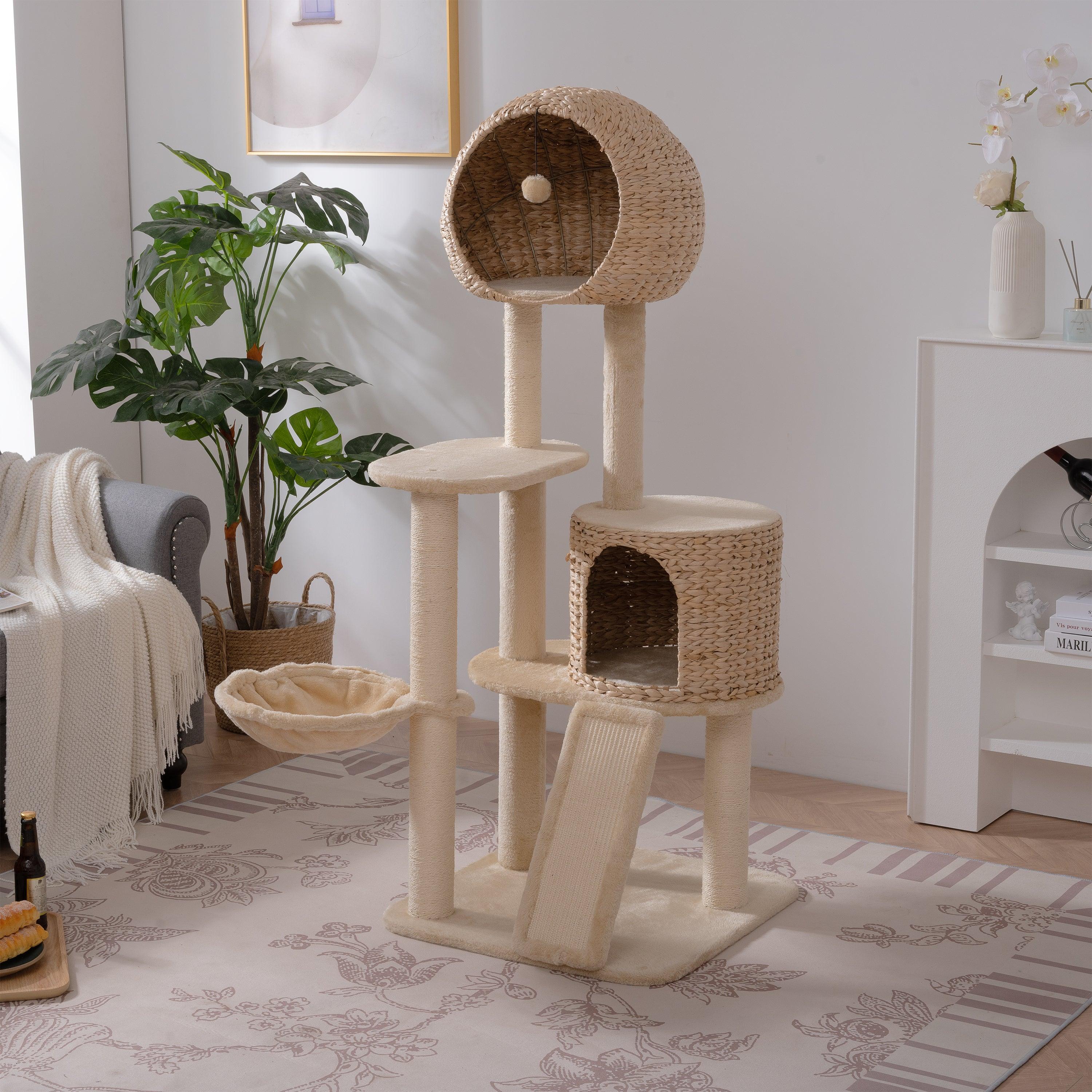 Cat Tree, 59-Inch Cat Tower for Indoor Cats, Plush Multi-Level Cat Condo with 2 Perches, 2 Caves, Cozy Basket and Scratching Board, Beige LamCham