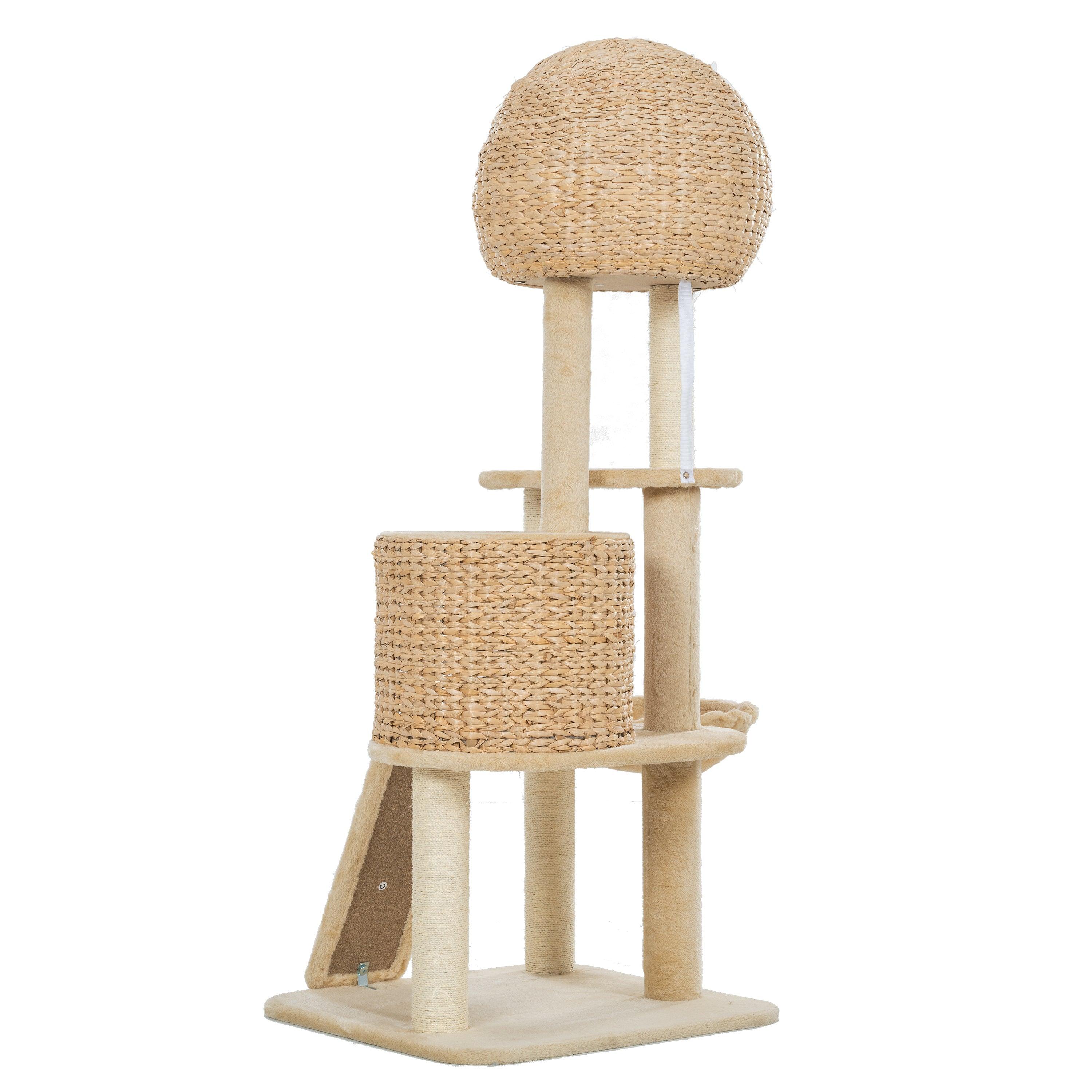 Cat Tree, 59-Inch Cat Tower for Indoor Cats, Plush Multi-Level Cat Condo with 2 Perches, 2 Caves, Cozy Basket and Scratching Board, Beige LamCham