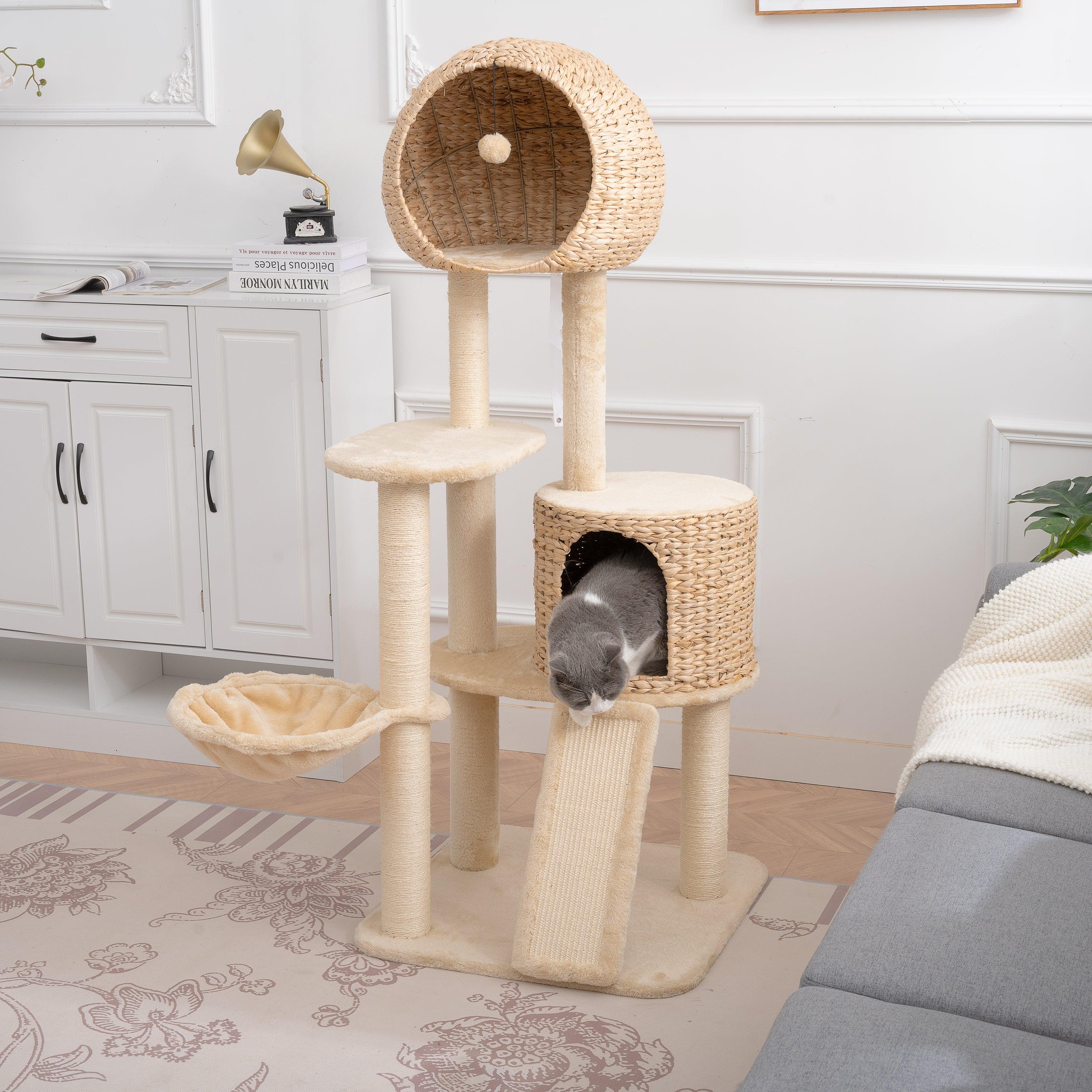 Cat Tree, 59-Inch Cat Tower for Indoor Cats, Plush Multi-Level Cat Condo with 2 Perches, 2 Caves, Cozy Basket and Scratching Board, Beige LamCham