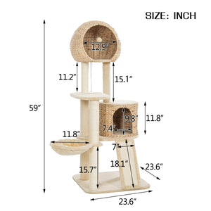 Cat Tree, 59-Inch Cat Tower for Indoor Cats, Plush Multi-Level Cat Condo with 2 Perches, 2 Caves, Cozy Basket and Scratching Board, Beige LamCham