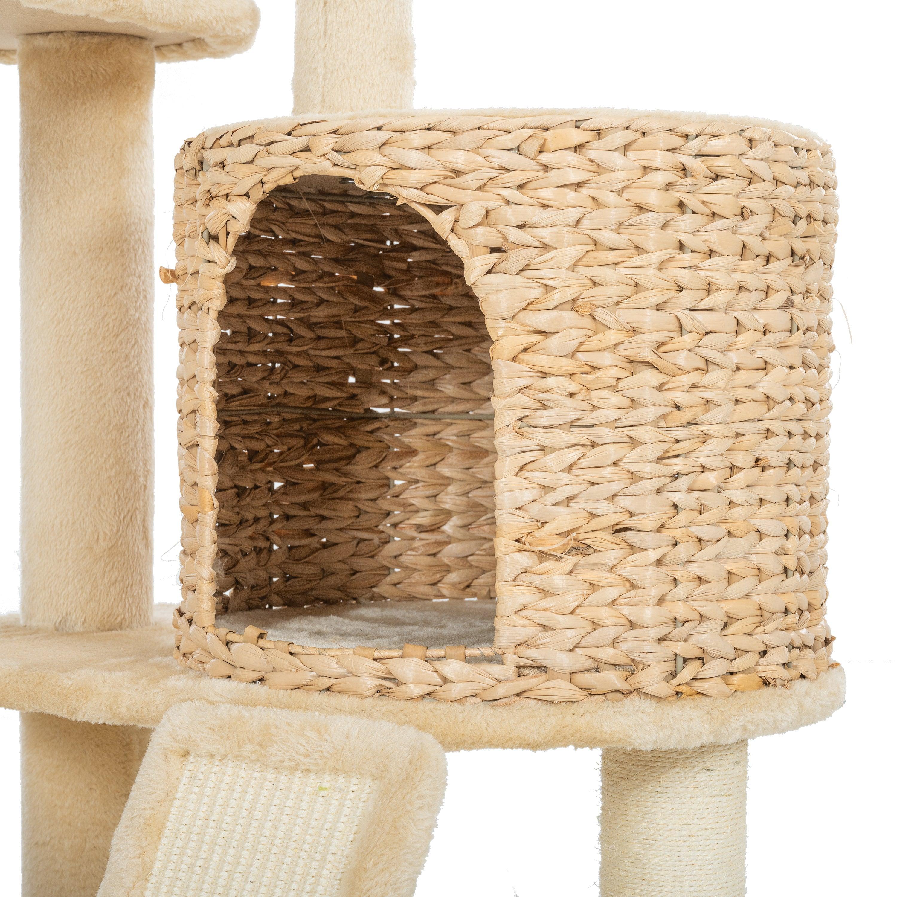 Cat Tree, 59-Inch Cat Tower for Indoor Cats, Plush Multi-Level Cat Condo with 2 Perches, 2 Caves, Cozy Basket and Scratching Board, Beige LamCham