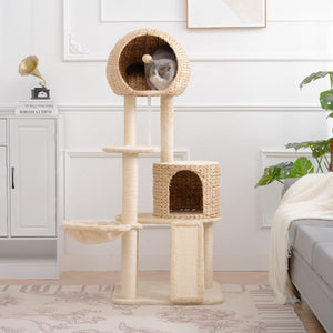 Cat Tree, 59-Inch Cat Tower for Indoor Cats, Plush Multi-Level Cat Condo with 2 Perches, 2 Caves, Cozy Basket and Scratching Board, Beige LamCham