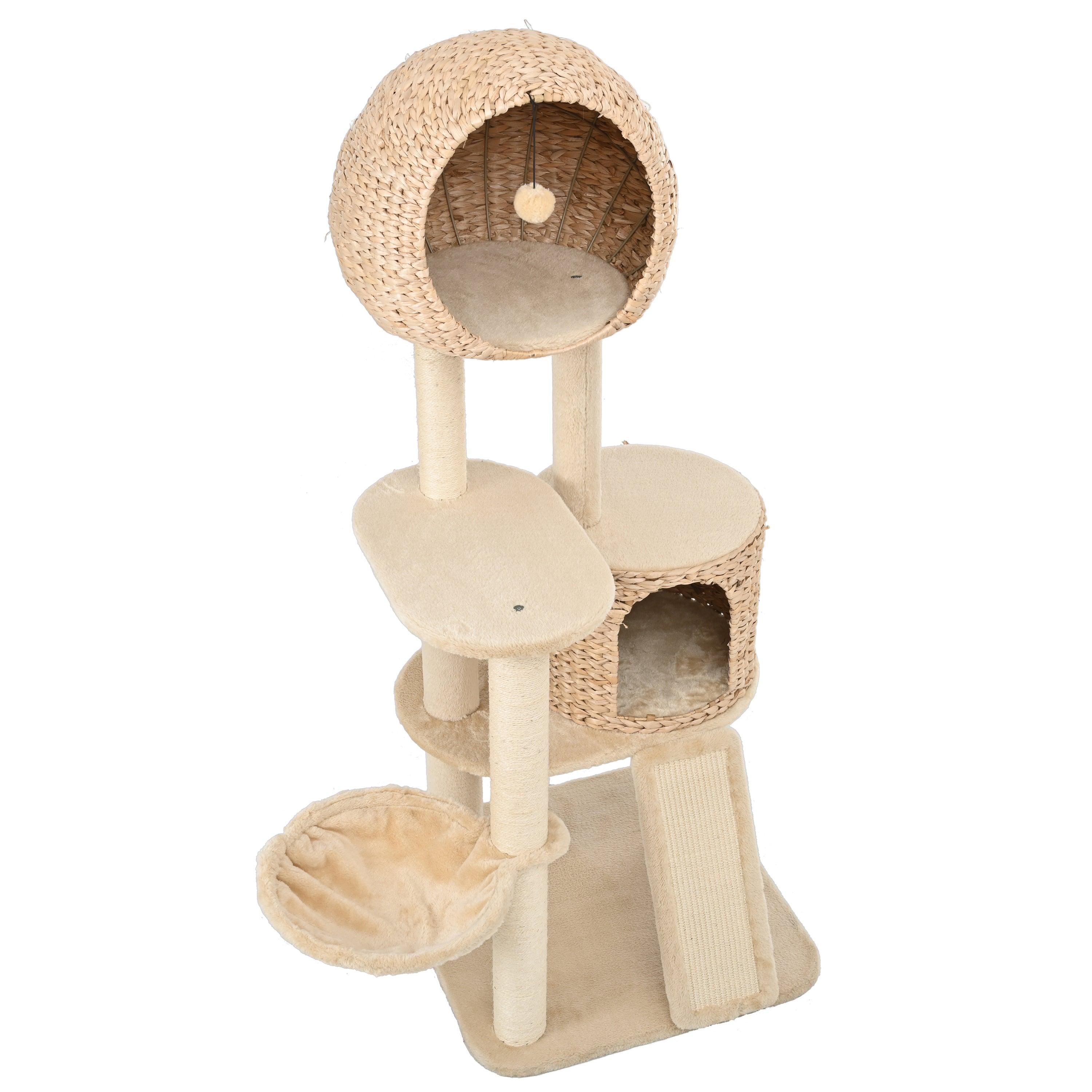 Cat Tree, 59-Inch Cat Tower for Indoor Cats, Plush Multi-Level Cat Condo with 2 Perches, 2 Caves, Cozy Basket and Scratching Board, Beige LamCham