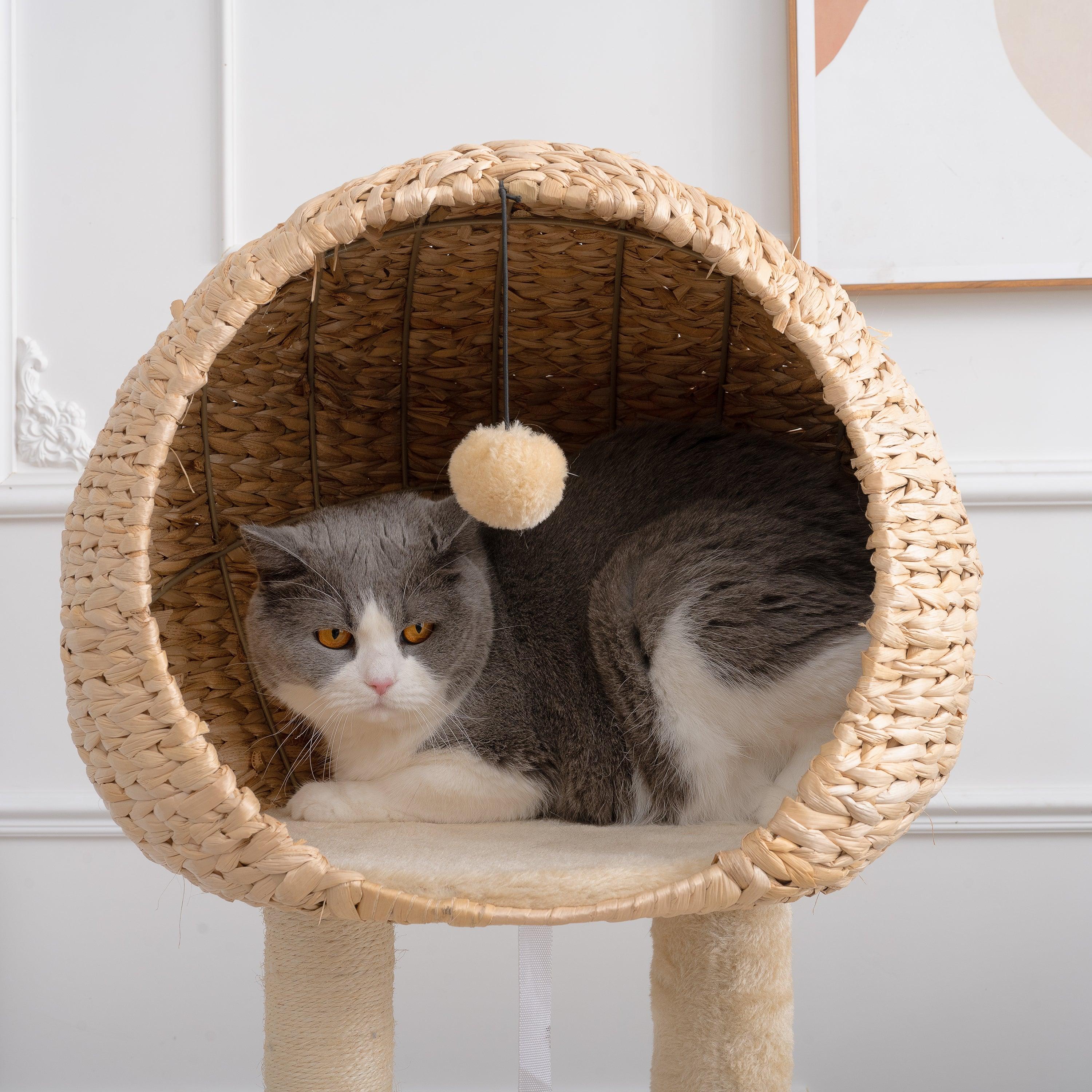 Cat Tree, 59-Inch Cat Tower for Indoor Cats, Plush Multi-Level Cat Condo with 2 Perches, 2 Caves, Cozy Basket and Scratching Board, Beige LamCham