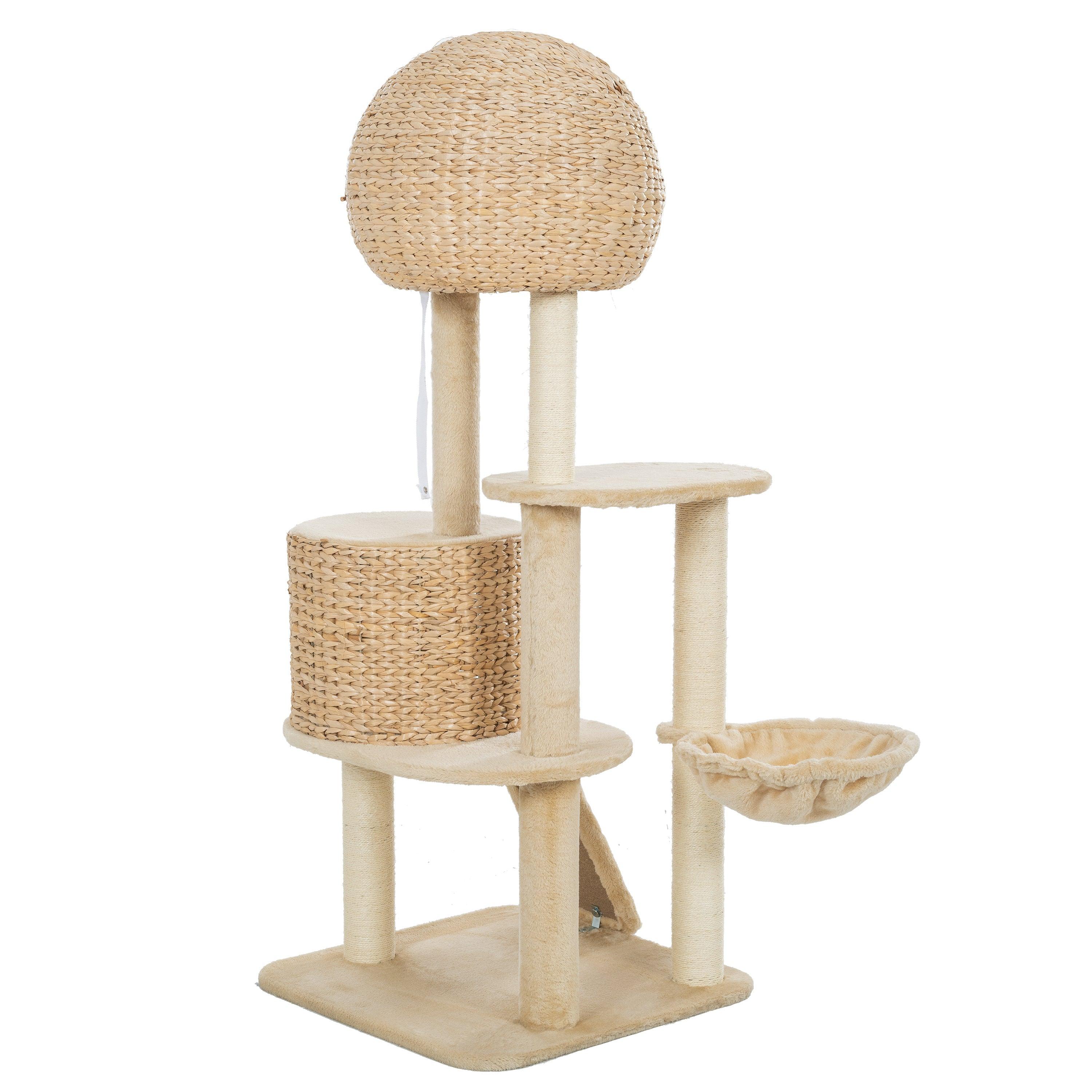 Cat Tree, 59-Inch Cat Tower for Indoor Cats, Plush Multi-Level Cat Condo with 2 Perches, 2 Caves, Cozy Basket and Scratching Board, Beige LamCham