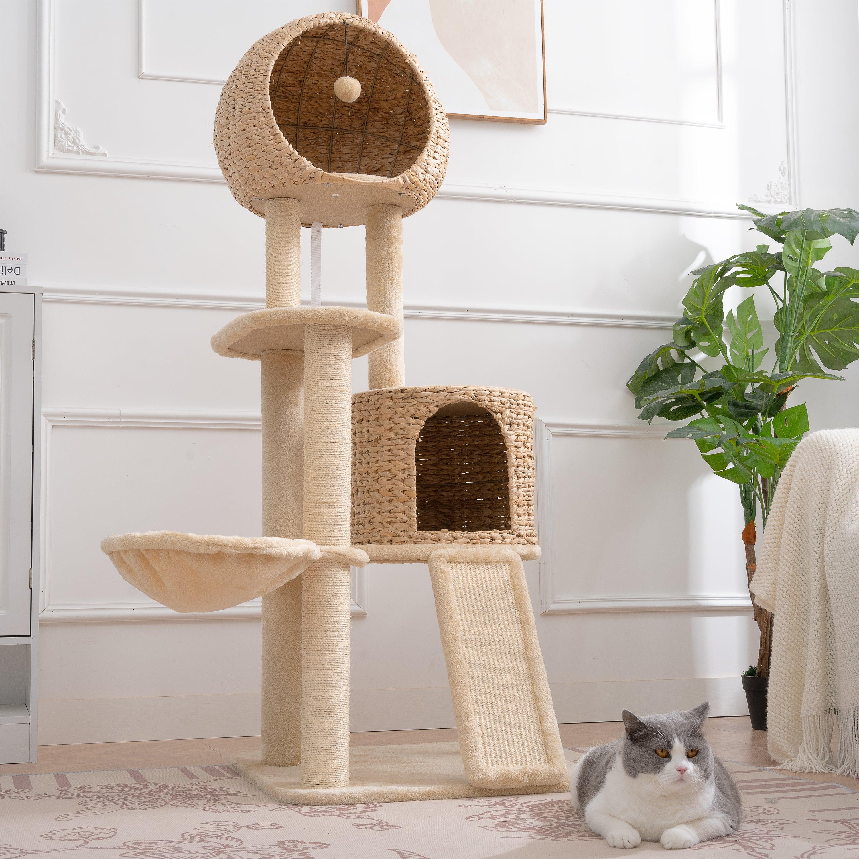 Cat Tree, 59-Inch Cat Tower for Indoor Cats, Plush Multi-Level Cat Condo with 2 Perches, 2 Caves, Cozy Basket and Scratching Board, Beige LamCham