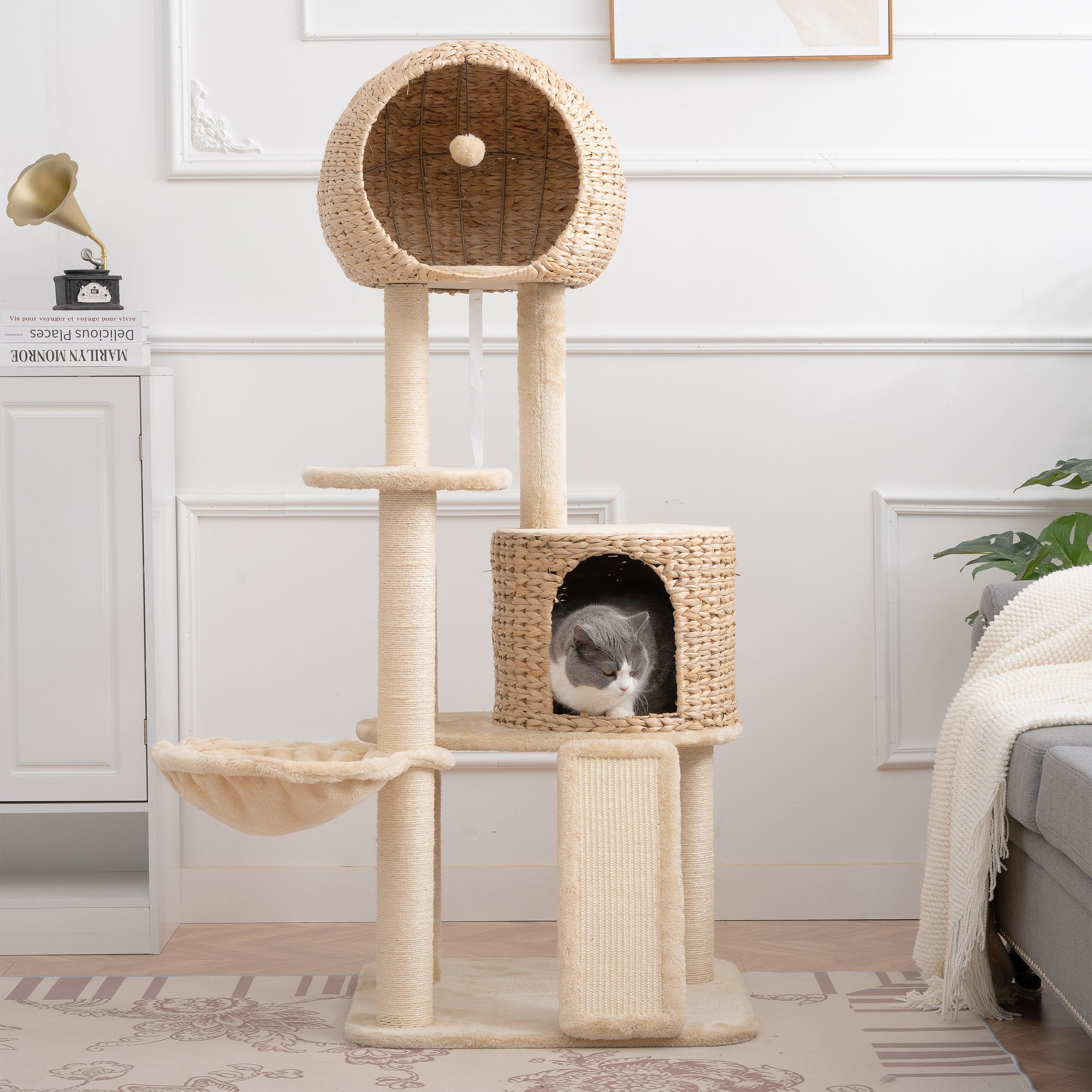 Cat Tree, 59-Inch Cat Tower for Indoor Cats, Plush Multi-Level Cat Condo with 2 Perches, 2 Caves, Cozy Basket and Scratching Board, Beige LamCham