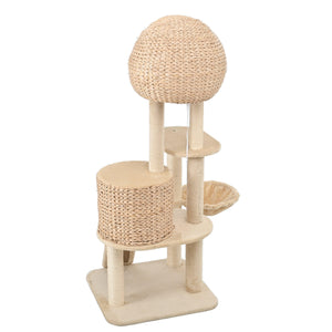 Cat Tree, 59-Inch Cat Tower for Indoor Cats, Plush Multi-Level Cat Condo with 2 Perches, 2 Caves, Cozy Basket and Scratching Board, Beige LamCham